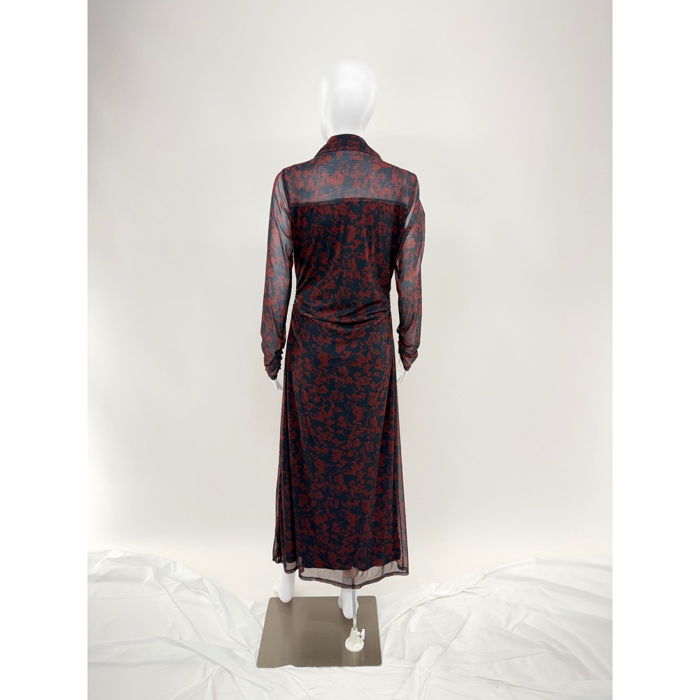 Madewell Mesh Floral Print Ruched Midi Dress Long Sleeve Collared Navy Red Sz L - Picture 10 of 10